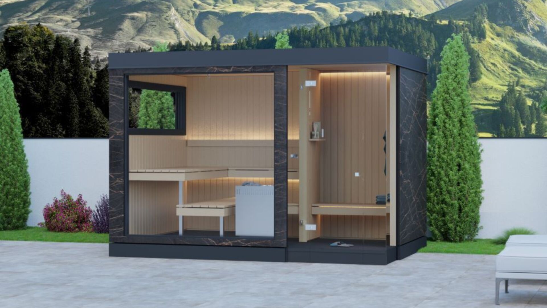 Kueng Wellness Aussensauna Nido mit Vorraum Erle