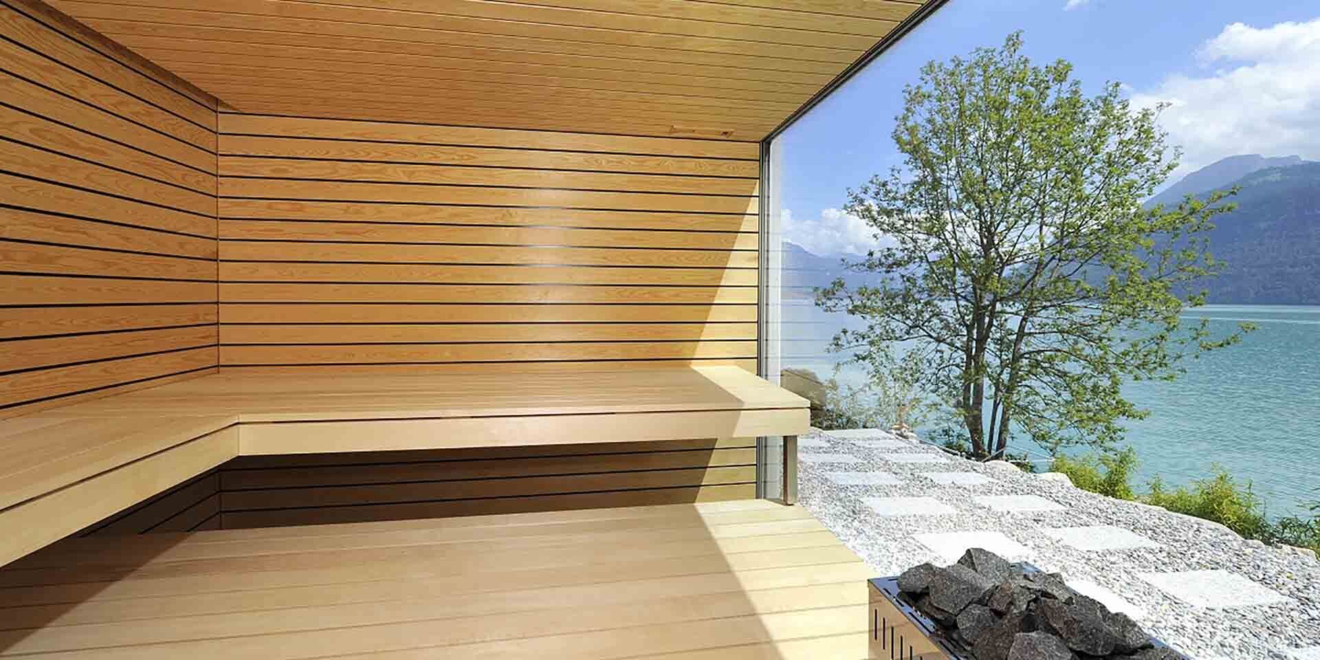 Aussensauna outdoor finnische sauna aussicht glas
